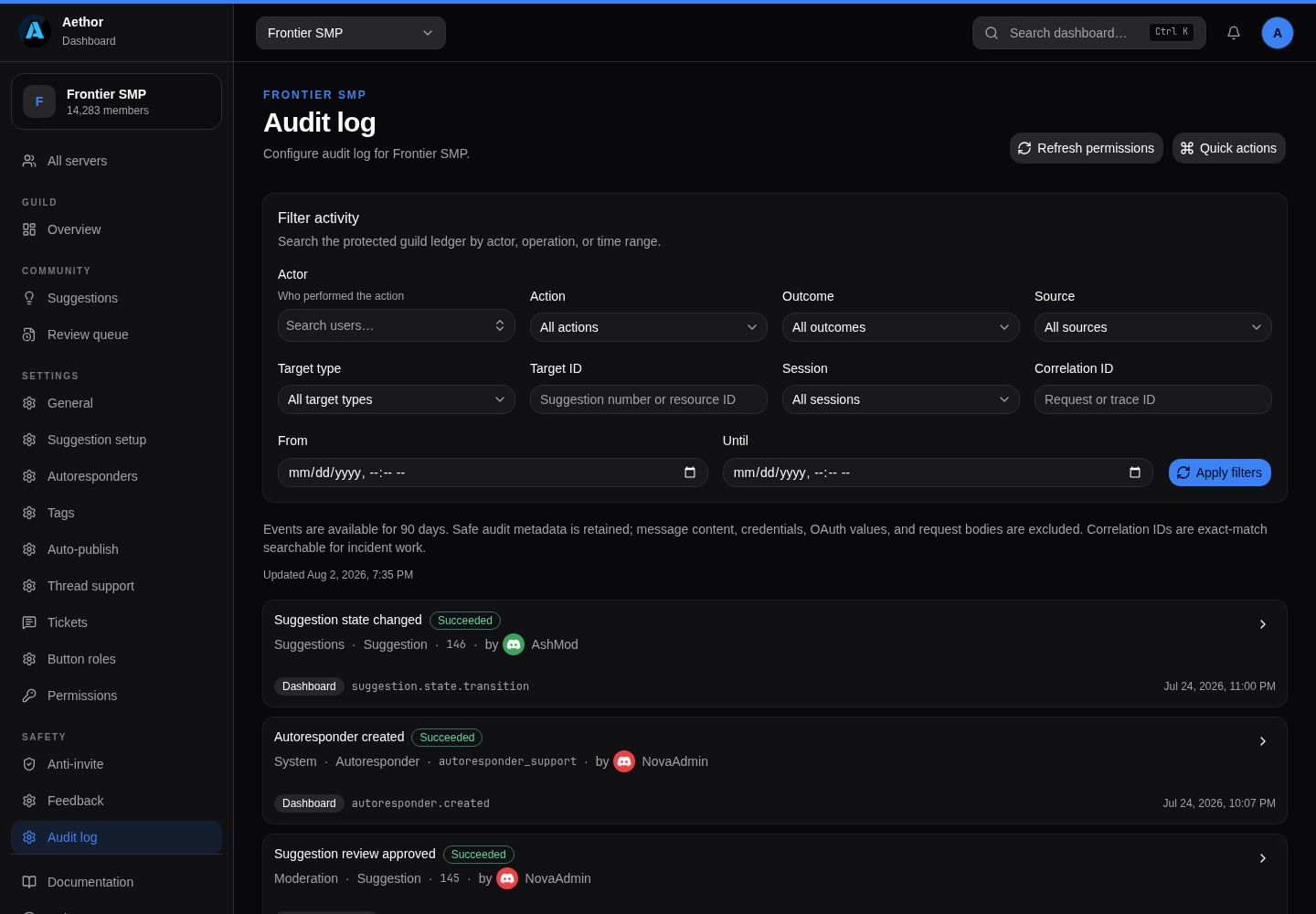 The Aethor audit log filters and first activity rows