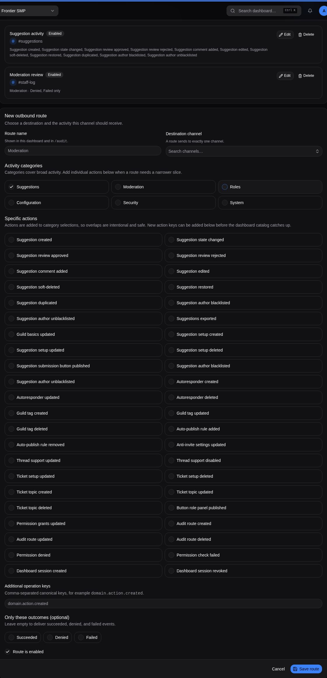 The outbound audit route editor with a channel picker, categories and specific actions