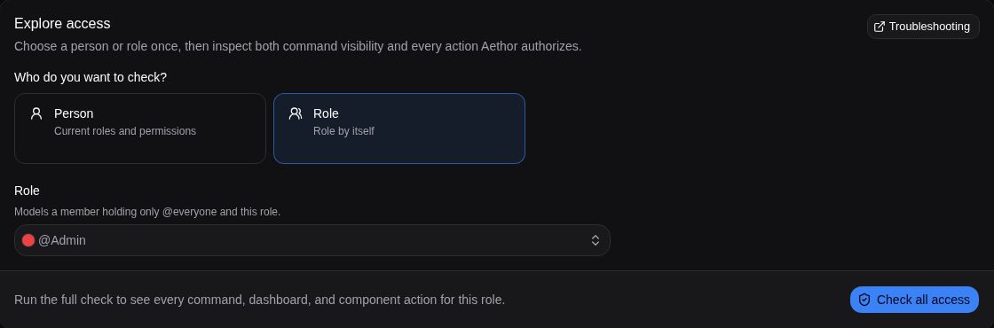 The access explorer in the Aethor dashboard, ready to check every action for a Discord role