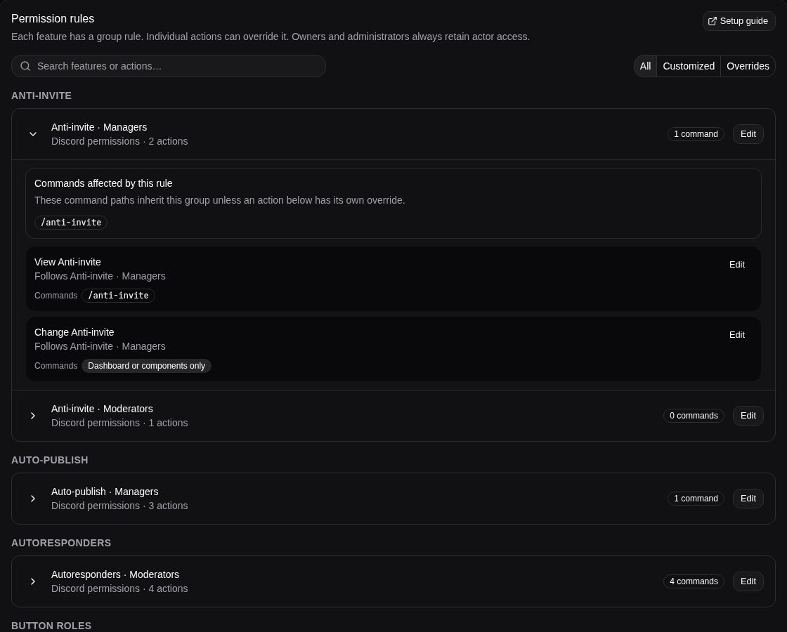 The permission rules card in the Aethor dashboard, showing feature groups and their current access rules
