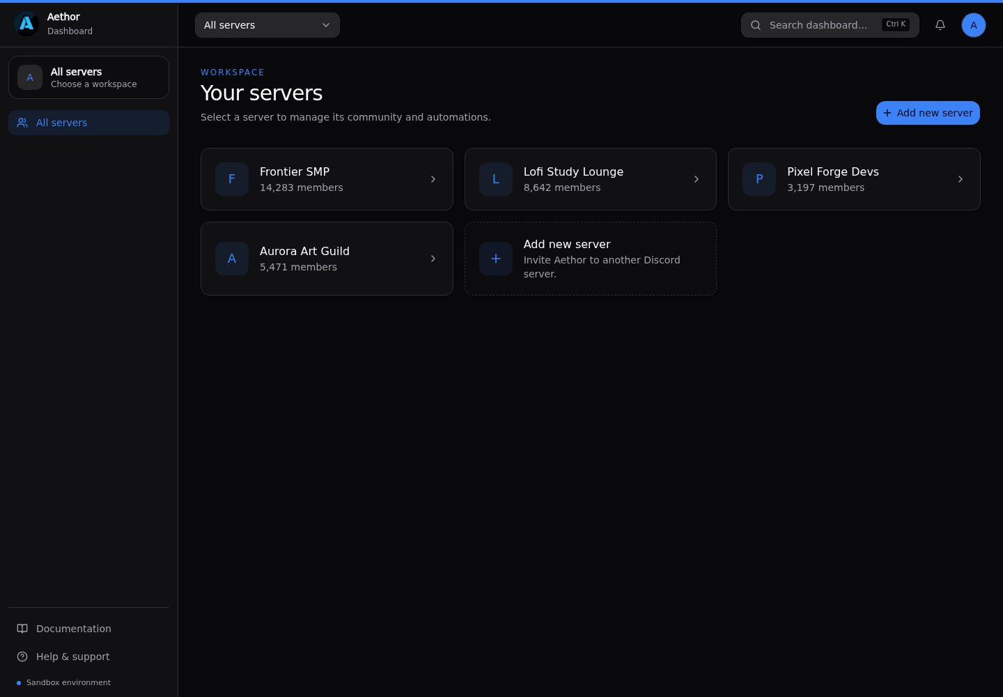 The Aethor dashboard server picker