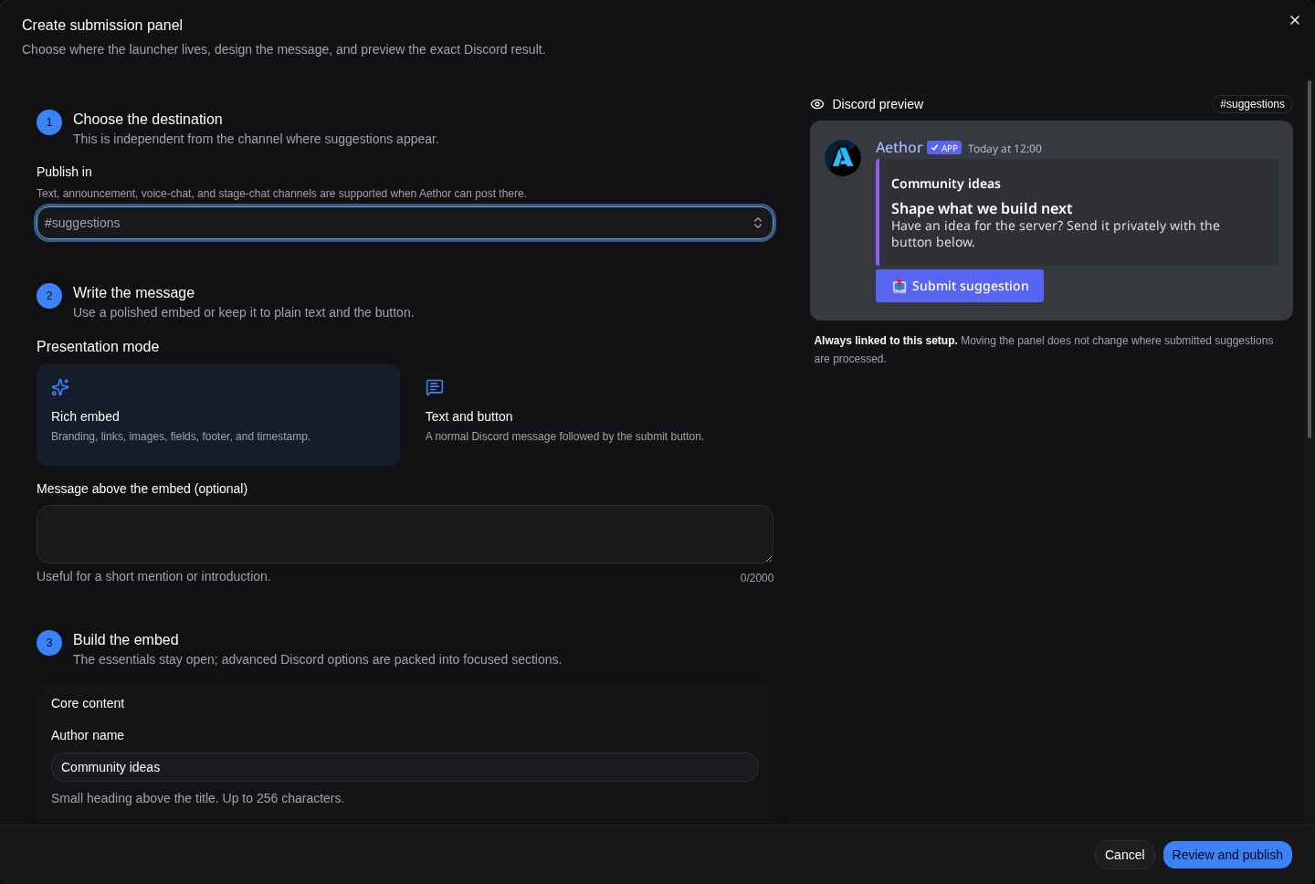 The suggestion submission panel editor with the destination picker, presentation modes, embed fields and Discord preview