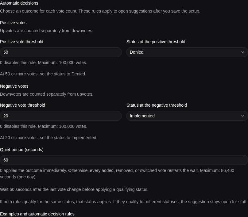 Automatic decision settings with 50 positive votes set to Denied, 20 negative votes set to Implemented, and a 60-second quiet period