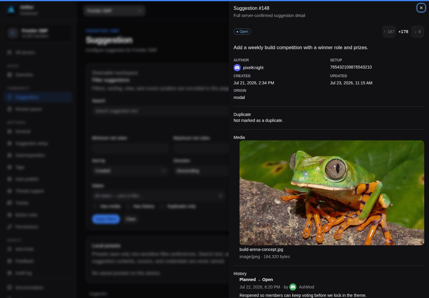A single suggestion with its history and actions