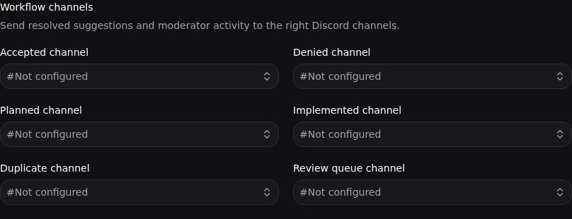 The workflow channel settings for resolved suggestions and the review queue