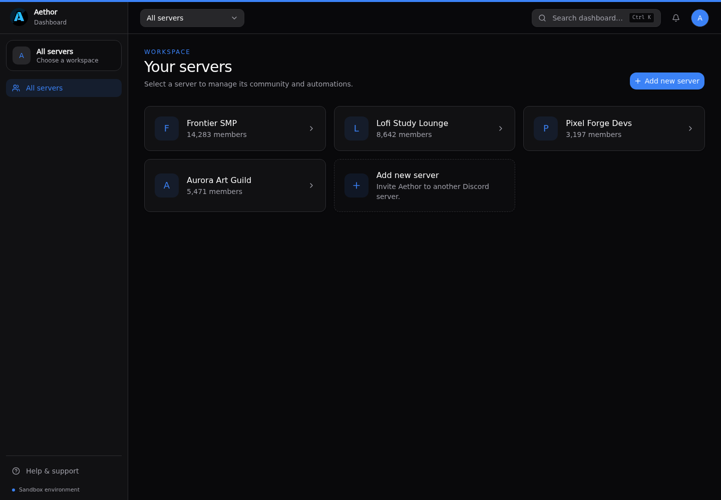 The Aethor dashboard server picker